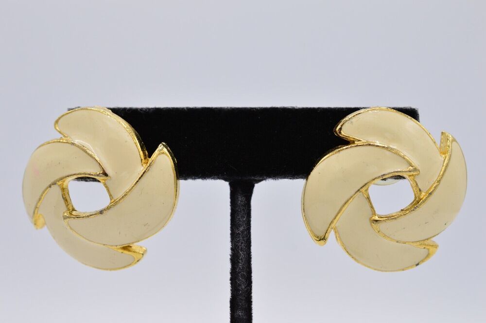 Vintage Post Enamel Earrings Gold Off White Cream Eggshell Chunky 1980s BinAF